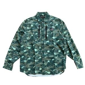 The Hundreds Mens Digital Camo Button Up Shirt Green Tactical Zip Pockets Large